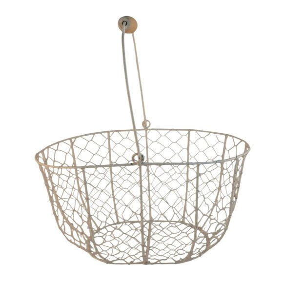 White Wire Mesh Basket With Wooden Handle Decorative Storage Home Organizer Farm - Picture 2 of 14